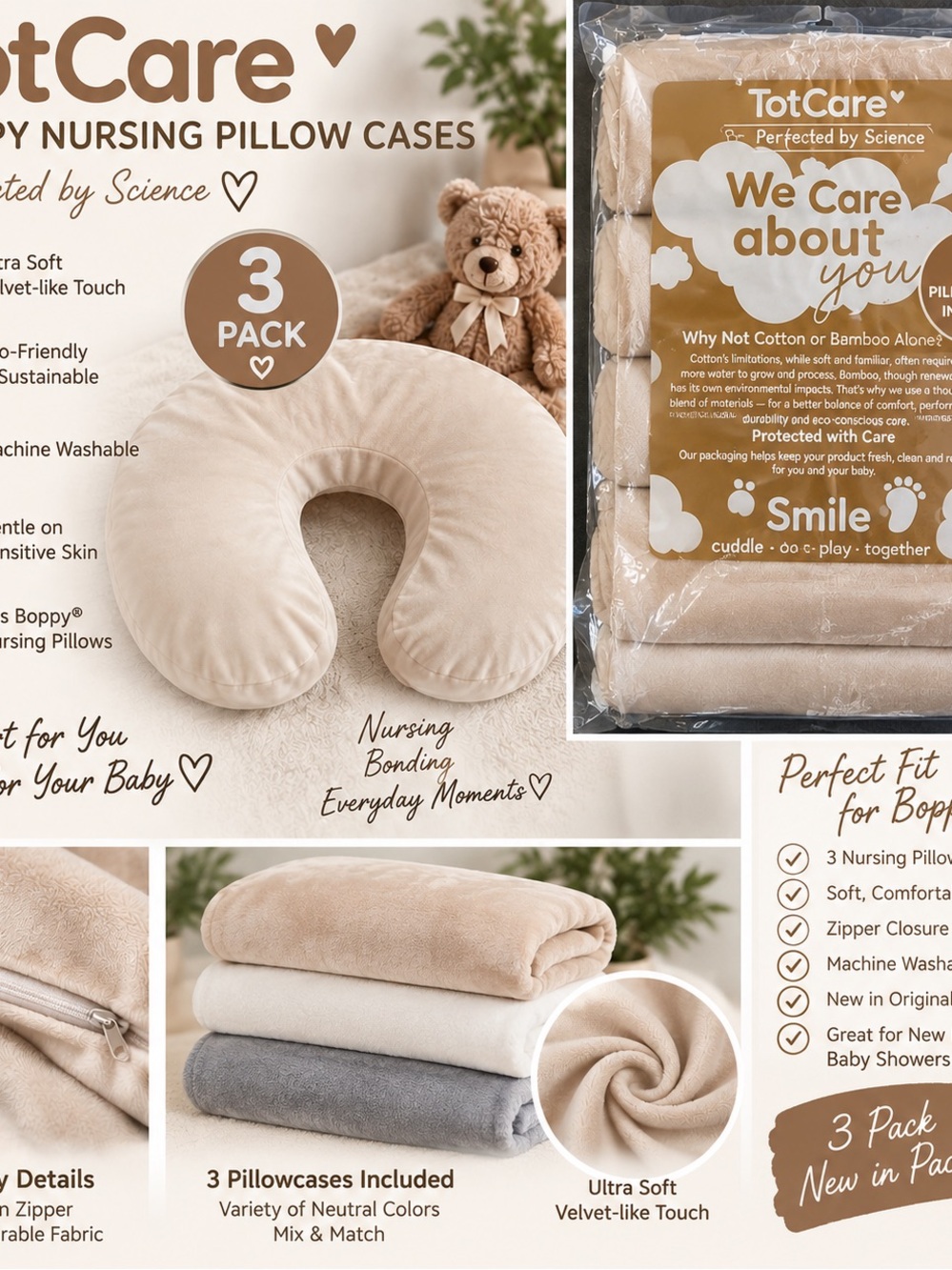 3 pac Neutral Beige Boppy Pillow Cover - Love Print